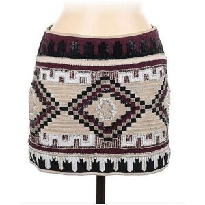 Zara Trafaluc Embellished Mini Skirt Beige/Burgundy  Geometric Design Cotton M
